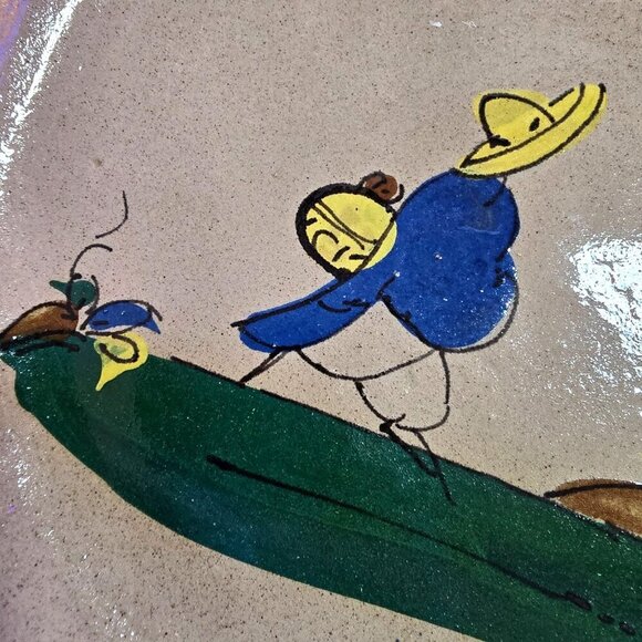 Handmade Mexican Tlaquepaque Ceramic Serving Bowl Painted Bird Cactus Design - Picture 9 of 12